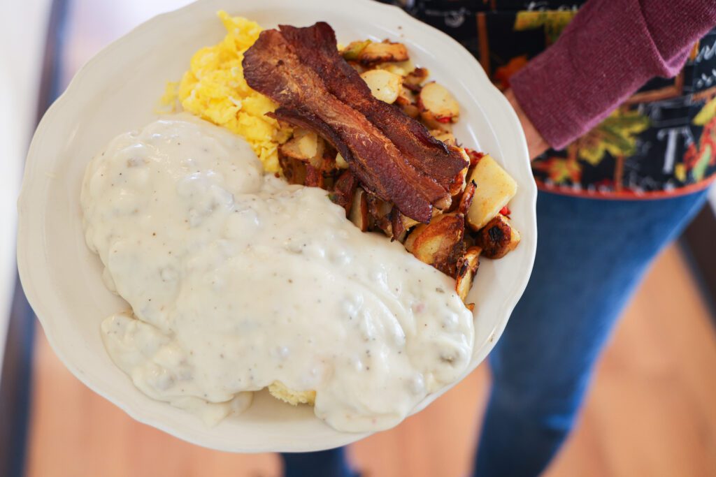 Cherrywood smoked bacon and biscuits and gravy at The Cup Cafe in Reno, NV