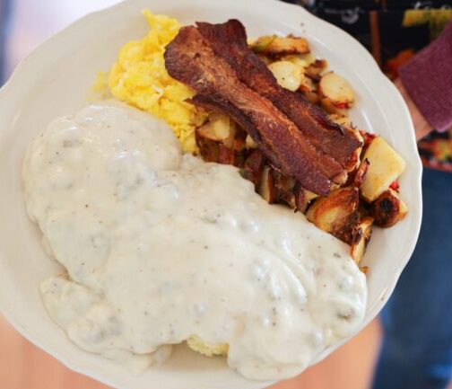 Cherrywood smoked bacon and biscuits and gravy at The Cup Cafe in Reno, NV